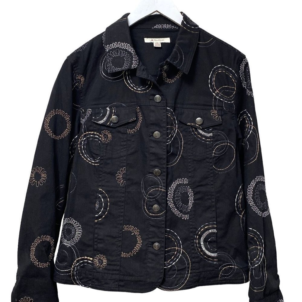JM COLLECTION Black Jean Jacket Size 10 Womens Embroidered Denim Casual Style